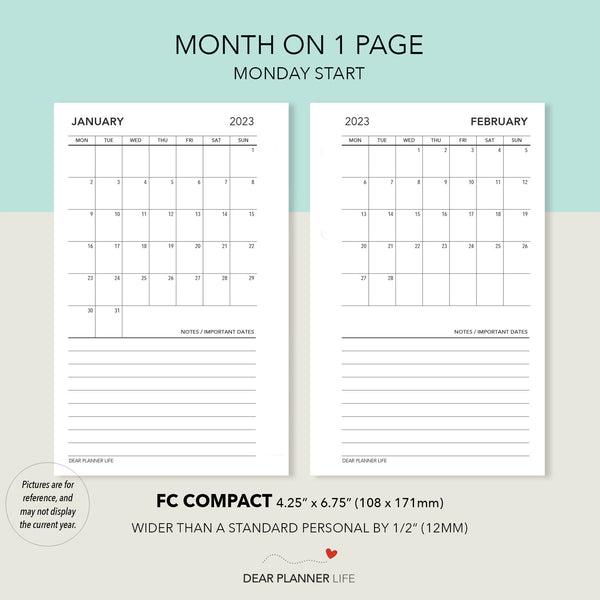 2024 Continuous Month On 1 Page, MONDAY Start (FC Compact Size) Printable PDF : F-30 C