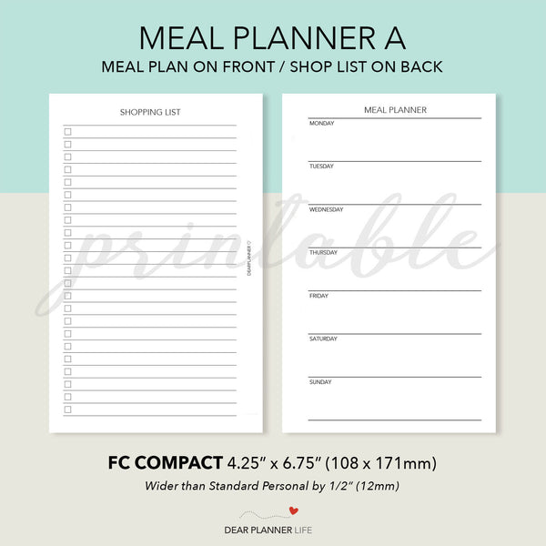 Meal Planning Shopping List (FC Compact Size) Printable PDF : F32-A