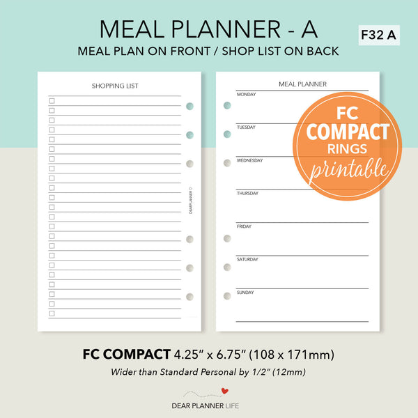 Meal Planning Shopping List (FC Compact Size) Printable PDF : F32-A