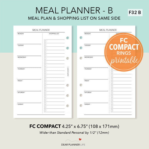 Meal Planning Shopping List (FC Compact) Printable PDF : F32-B