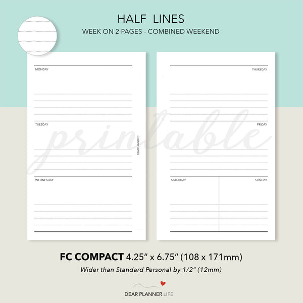 Week on 2 Pages with Small Weekend (FC Compact Size) Printable PDF : F-33