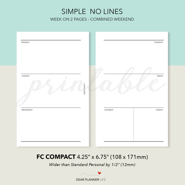 Week on 2 Pages with Small Weekend (FC Compact Size) Printable PDF : F-33