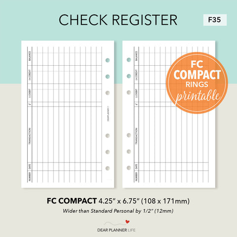 Check Register Page (FC Compact Size) Printable PDF : F35