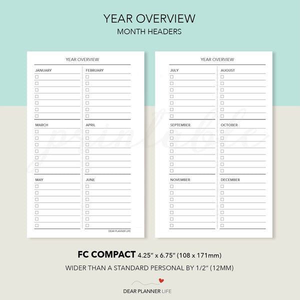 Year Overview Tracker (FC Compact Size) Printable PDF : F-38