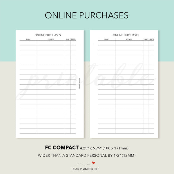 FC Compact: Online Purchases Tracker Printable PDF : F-39