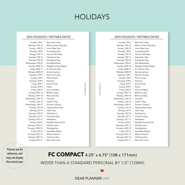 2024 Year on 1 Page with Holidays (FC Compact) Monday & Sunday Start, Printable PDF : F-45 1