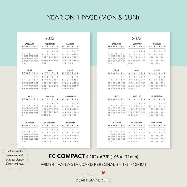 2024 Year on 1 Page with Holidays (FC Compact) Monday & Sunday Start, Printable PDF : F-45 1