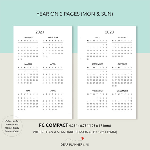 2024 Year on 2 Pages (FC Compact) Monday & Sunday Start, Printable PDF : F-45 2