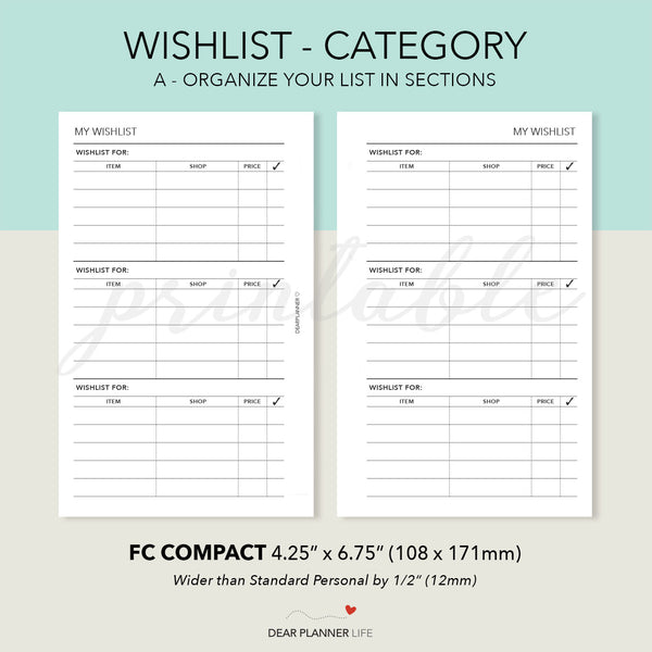 FC Compact: WishList Category Tracker Printable PDF : F46 A