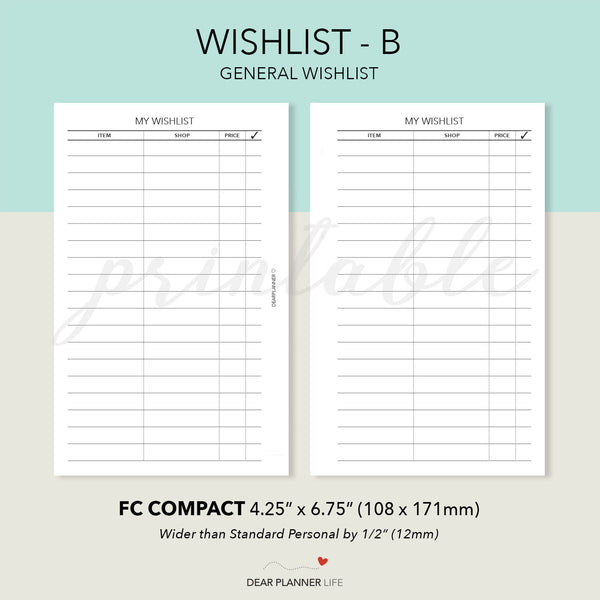 FC Compact: General WishList Tracker Printable PDF : F46 B