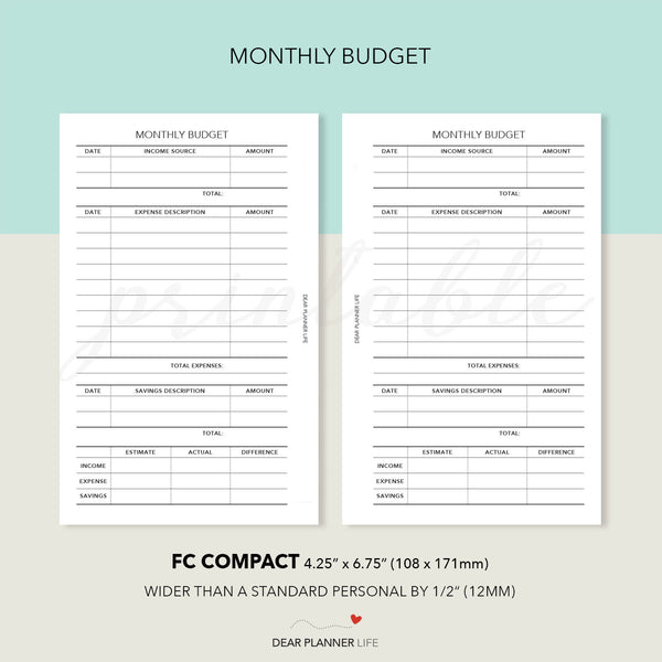 Monthly Budget Tracker (FC Compact) Printable PDF : F-47