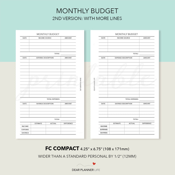 Monthly Budget Tracker (FC Compact) Printable PDF : F-47