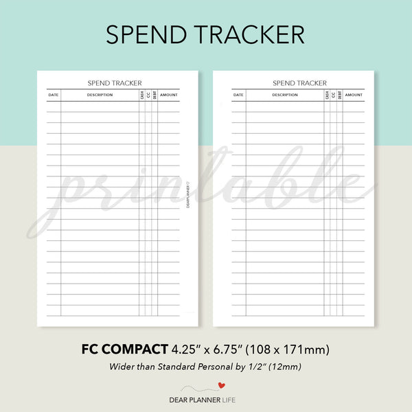 FC Compact size: Spend Tracker Printable PDF : F48