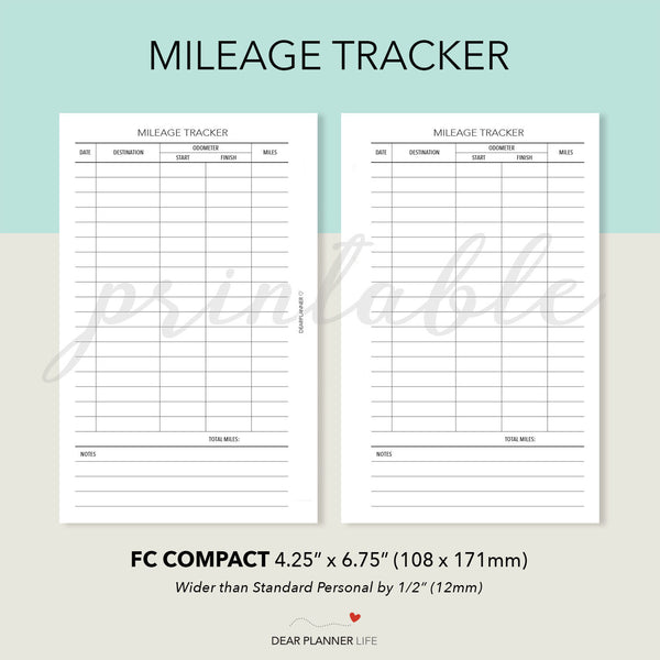 Mileage Tracker (FC Compact Size) Printable PDF : F49