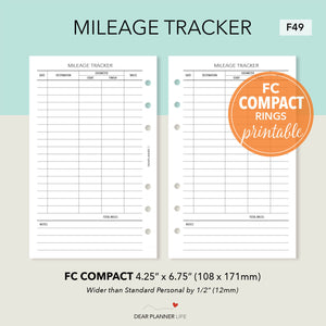 Mileage Tracker (FC Compact Size) Printable PDF : F49