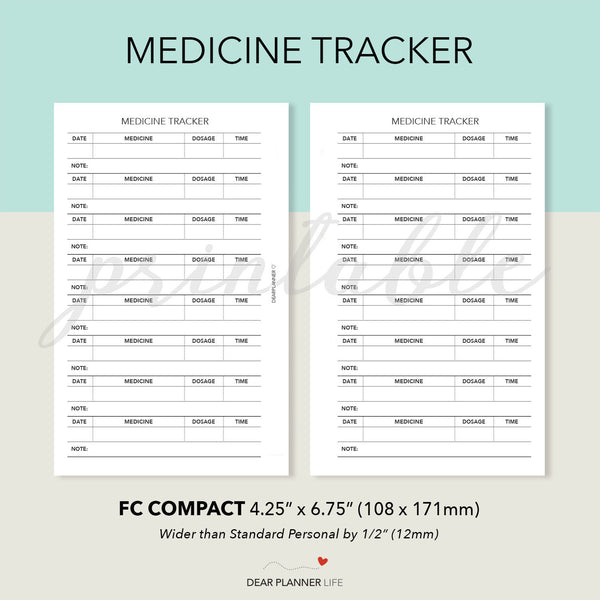 Medicine Tracker (FC Compact size) Printable PDF : F-50