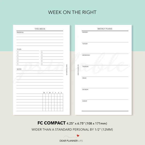 Undated Weekly / Agenda (FC Compact Size) Printable PDF : F-51