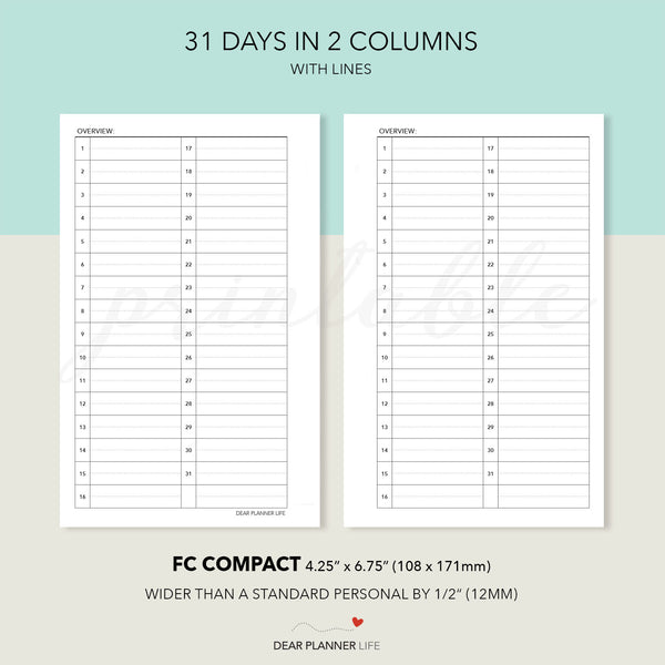 31-Day List Monthly Overview (FC Compact) Printable PDF: F-61