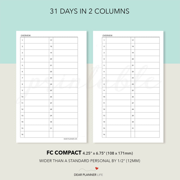 31-Day List Monthly Overview (FC Compact) Printable PDF: F-61