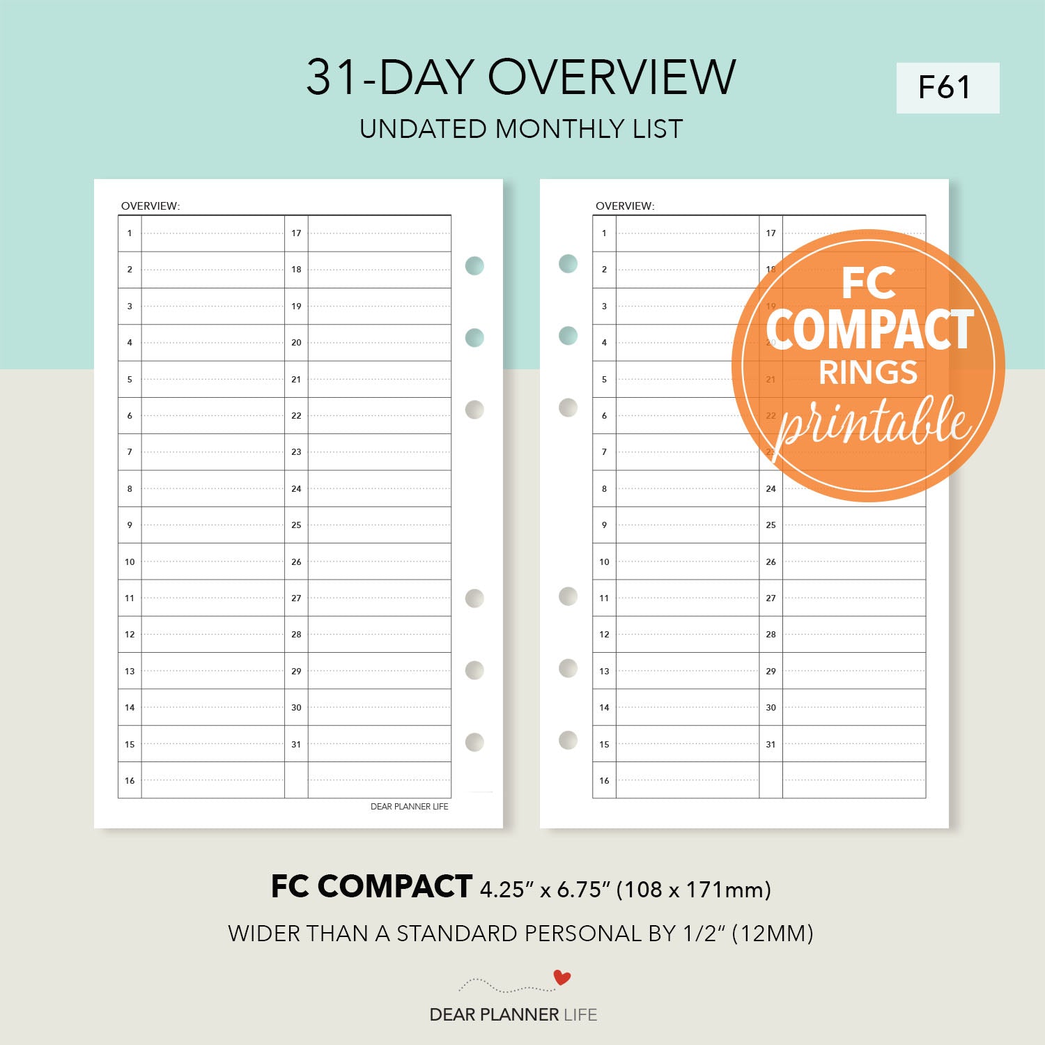 31-Day List Monthly Overview (FC Compact) Printable PDF: F-61