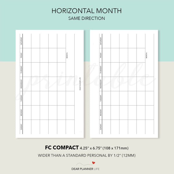 Horizontal Month Template (FC Compact) Printable PDF: F-62