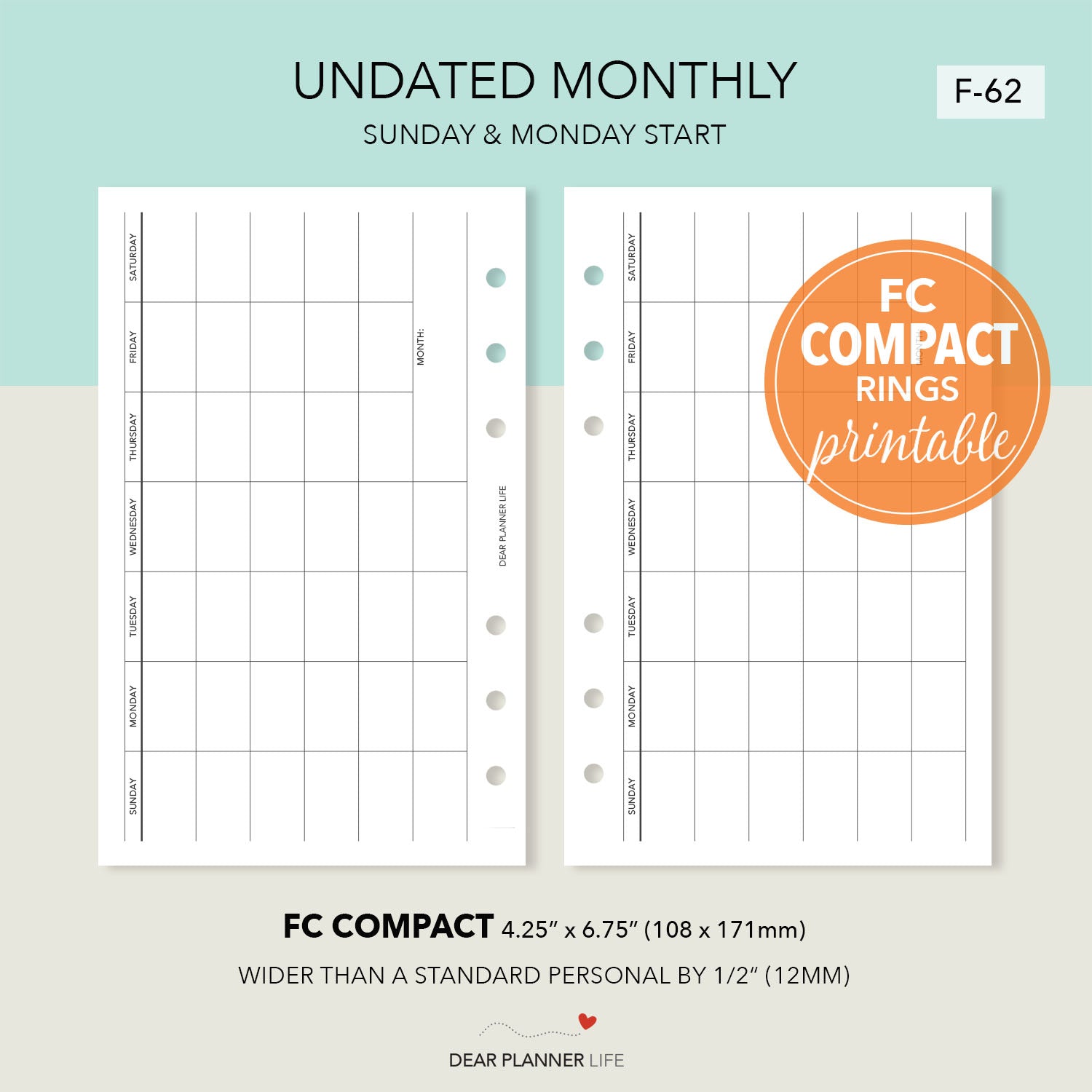 Horizontal Month Template (FC Compact) Printable PDF: F-62