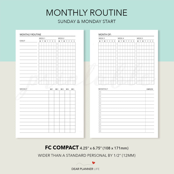 Monthly Routine Tracker (FC Compact Size) Printable PDF : F-63