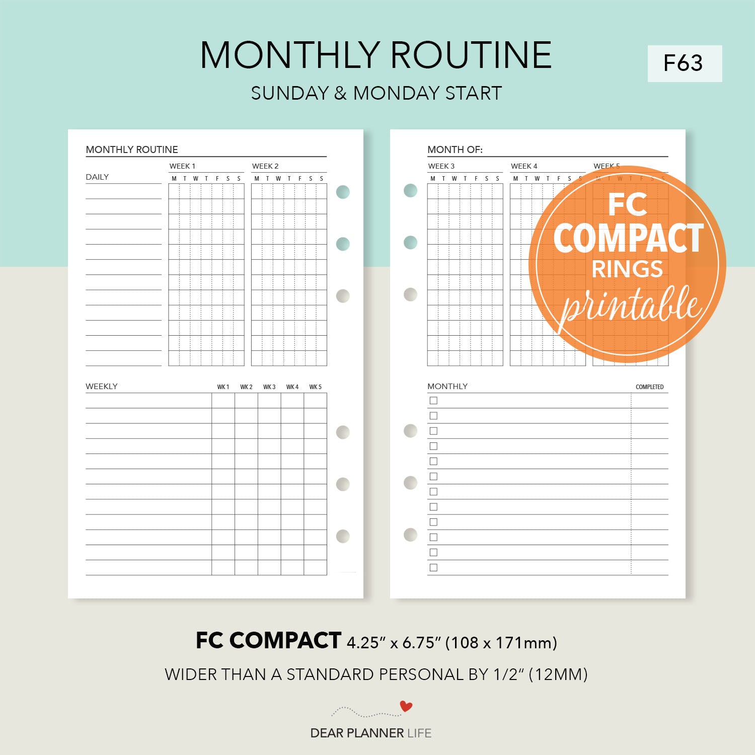 Monthly Routine Tracker (FC Compact Size) Printable PDF : F-63