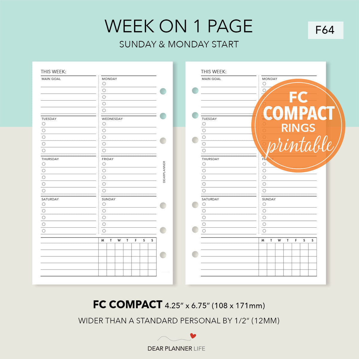 Week on 1 Page (FC Compact Size) Printable PDF : F-64 – DearPlannerLife