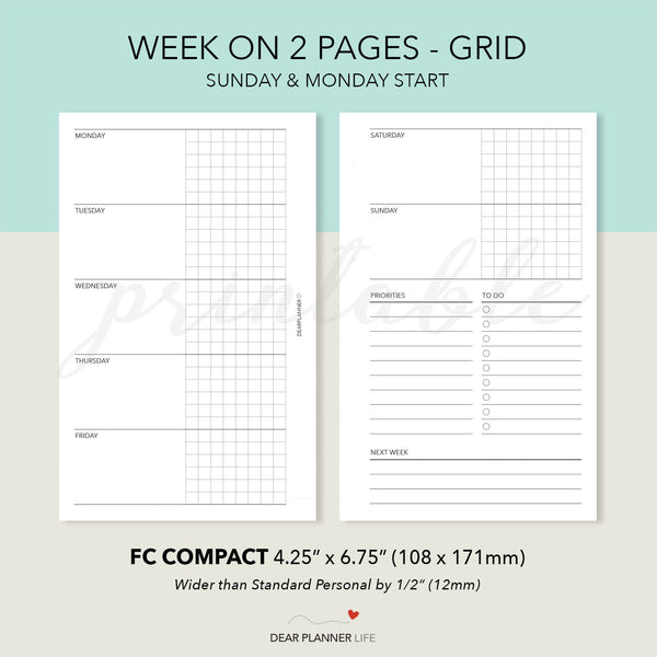 Horizontal Week on 2 Pages with Grid (FC Compact Size) Printable PDF : F-66