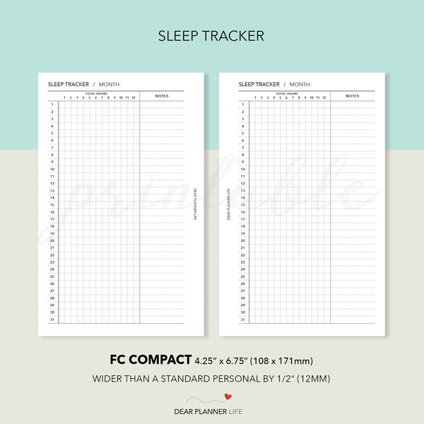 Sleep Duration Tracker (FC Compact size) Printable PDF : F-71