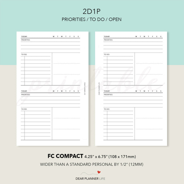 2 Days on 1 Page with Priorities at Top (FC Compact) Printable PDF : F-73