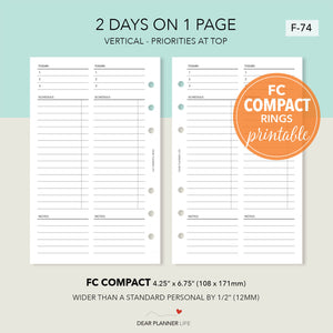 2 Days on 1 Page Vertical layout (FC Compact) Printable PDF : F-74