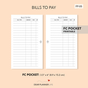 Bills To Pay Page (FC Pocket) Printable PDF : FP-05