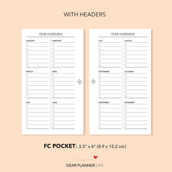 Year Overview (FC Pocket) Printable PDF : FP-38