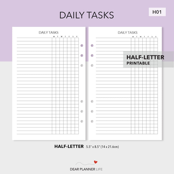 Daily Tasks Page (Half-Letter Size) Printable PDF : H01