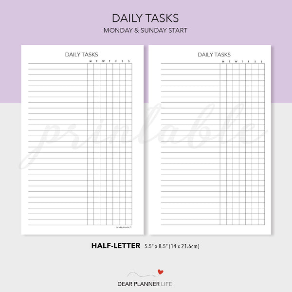 Daily Tasks Page (Half-Letter Size) Printable PDF : H01