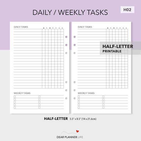 Daily / Weekly Tasks (Half-Letter size) Printable PDF : H02