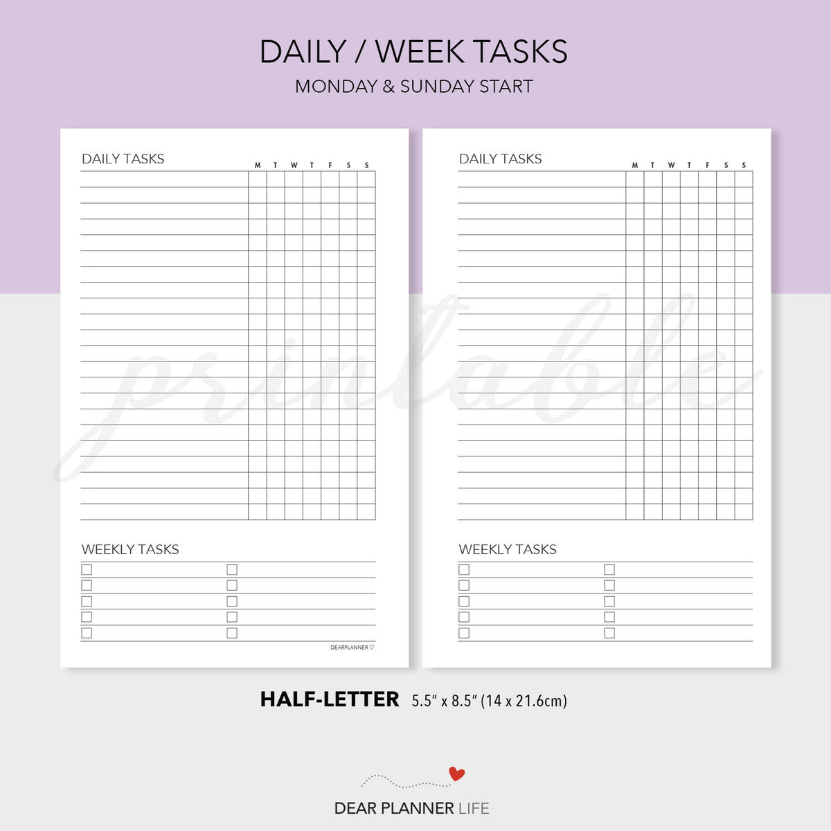 Daily / Weekly Tasks (Half-Letter size) Printable PDF : H02 ...