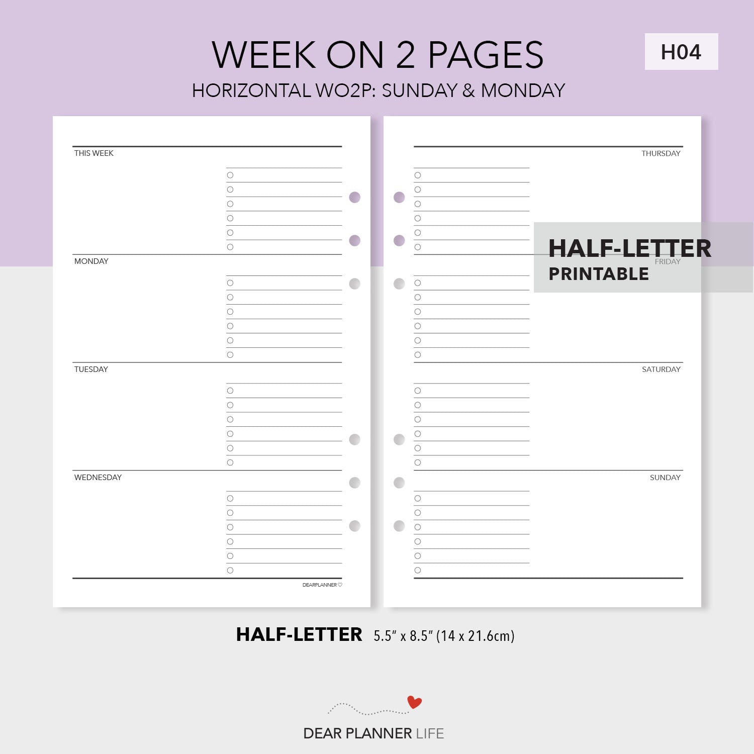 Horizontal Weekly (Half-Letter size) Printable PDF : H-04