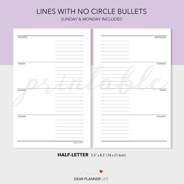 Horizontal Weekly (Half-Letter size) Printable PDF : H-04