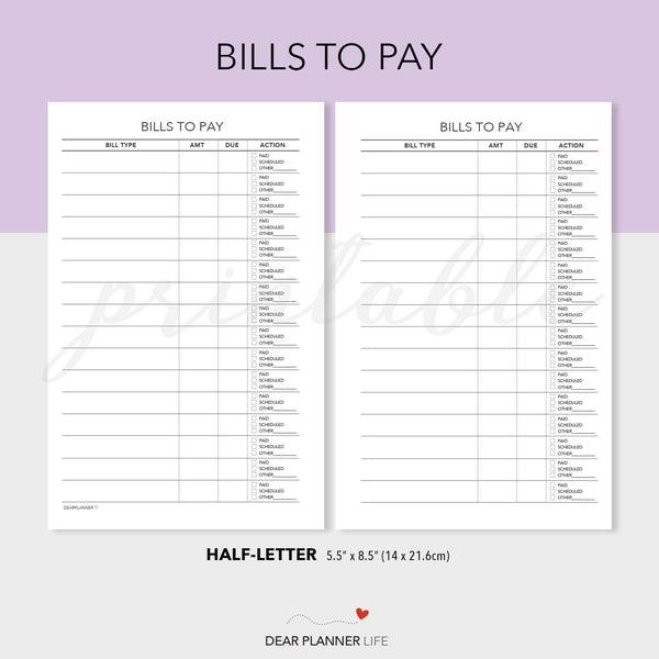 Bills To Pay (Half-Letter) Printable PDF : H05