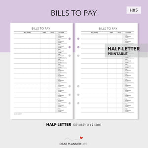 Bills To Pay (Half-Letter) Printable PDF : H05