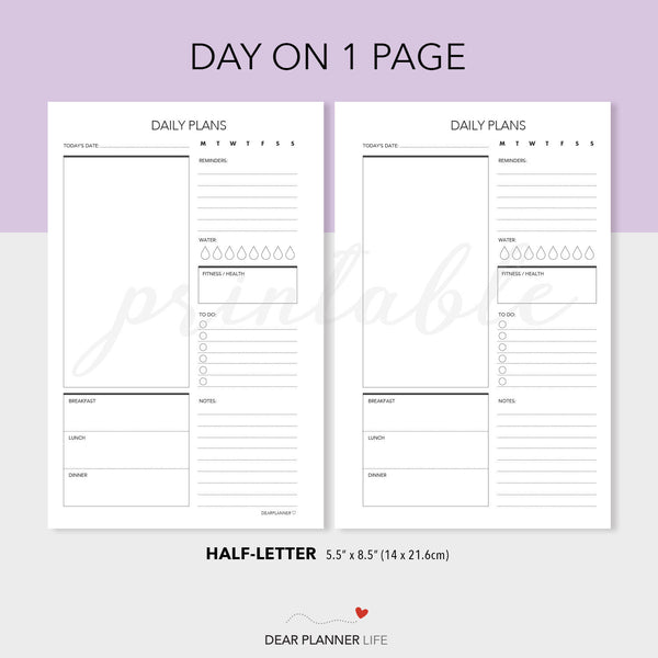 Daily Plans Page (Half-Letter) Printable PDF : H-06