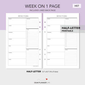 Undated Week on 1 Page (Half-Letter) Printable PDF : H-07