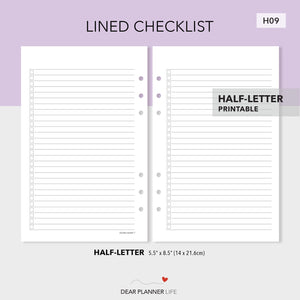 Lined Checklist (Half-Letter) Printable PDF : H09