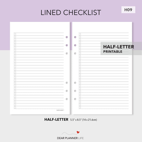 Lined Checklist (Half-Letter) Printable PDF : H09