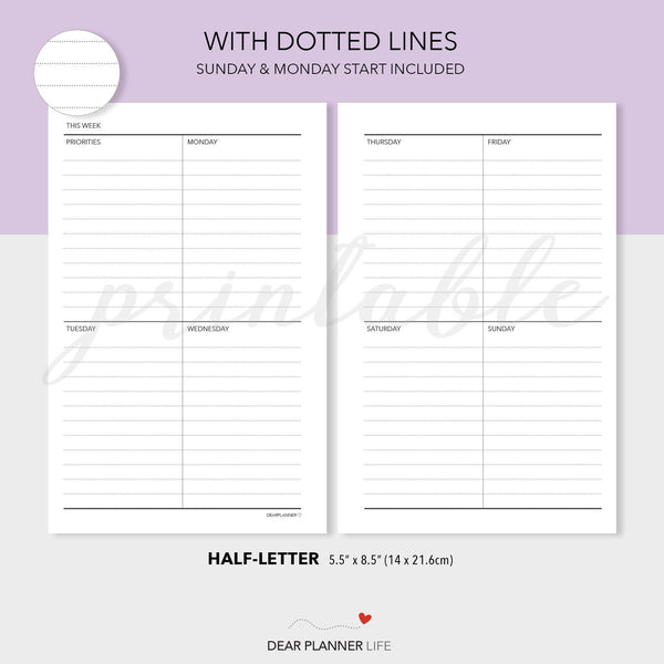 Vertical Quadrant Weekly (Half-Letter) Printable PDF : H14