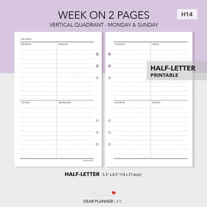 Vertical Quadrant Weekly (Half-Letter) Printable PDF : H14