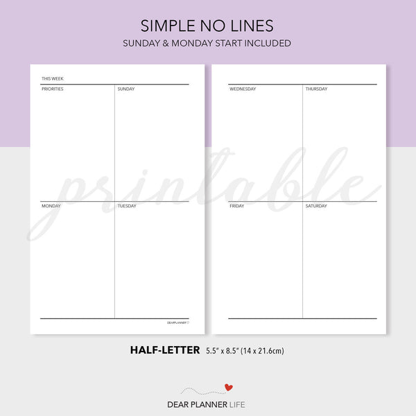 Vertical Quadrant Weekly (Half-Letter) Printable PDF : H14